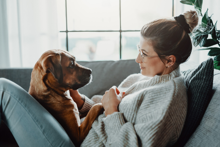 woman consoling dog